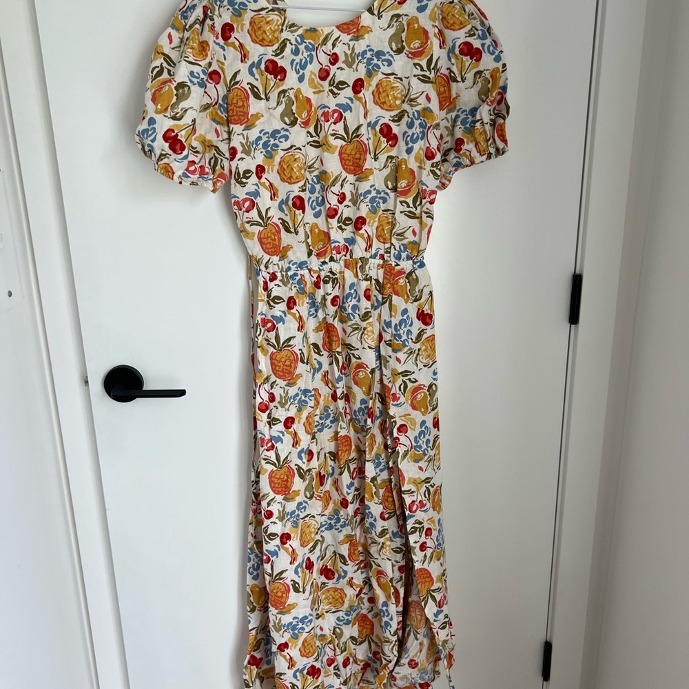 Reformation Linen Fruit Print Puff Sleeve Open Back Dress